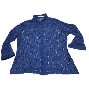 Anne Fontaine Navy Blue Eyelet Lace Button Front Shirt Paradise Sz 46 Timeless
